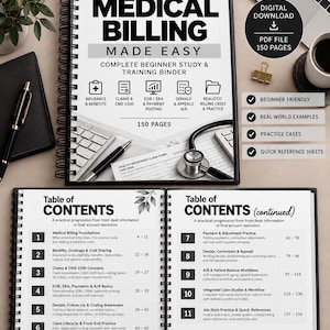 Può includere: Un raccoglitore per la formazione sulla fatturazione medica con rilegatura a spirale intitolato Medical Billing Made Easy, contenente 150 pagine di materiale di studio, un indice, moduli di reclamo e icone esplicative.