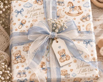 Welcome Little One Wrapping Paper, Baby Shower Gift Wrap, Blue Teddy Bear Nursery Paper, Neutral Baby Boy Gift Wrap