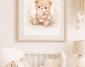 Lámina infantil de oso en acuarela, decoración safari neutra (relación 2:3) (Descarga digital)