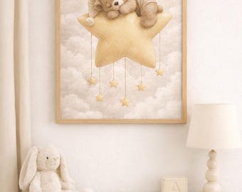Impresión de osito de peluche en acuarela para guardería, decoración de safari neutra/decoración de habitación de bebé
