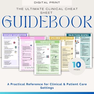 Puede incluir: Una guía de impresión digital titulada "The Ultimate Clinical Cheat Sheet Guidebook". La imagen muestra varias páginas con títulos como "Oxygen Saturation", "PPE" y "Temperature". Es una referencia práctica para entornos clínicos y de atención al paciente.