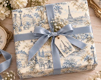 Vintage Paris Toile Wrapping Paper, Blue Eiffel Tower Gift Wrap, French Country Floral Paper, Romantic Parisian Gift Wrap