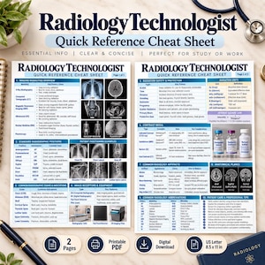 May include: A two-page Radiology Technologist Quick Reference Cheat Sheet printed on US Letter 8.5 x 11 inch paper. The document features tables, medical imaging examples, radiation safety guidelines, contrast media, and clinical abbreviations.