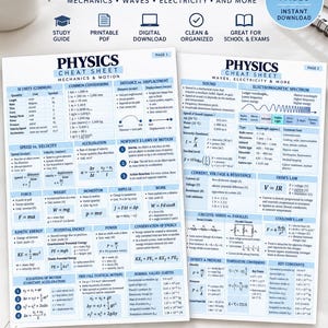May include: A two-page physics cheat sheet featuring mechanics, waves, and electricity formulas. The document includes SI units, common conversions, Newton's laws, kinetic and potential energy, Ohm's law, and the electromagnetic spectrum in blue text.