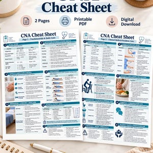 May include: Two pages of a CNA Cheat Sheet printed on white paper, featuring blue headers and text. Page one covers fundamentals and daily care, while page two details clinical skills and resident care. A white pen lies on the table below.