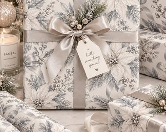 Vintage-Weihnachtsgeschenkpapier in Silber, weißes Weihnachtsstern-Geschenkpapier, elegantes florales Festtagspapier
