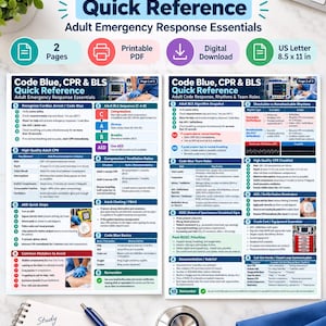 May include: A two-page Code Blue, CPR, and BLS Quick Reference guide for adult emergency response. The document features detailed algorithms, team roles, and checklists in a clear, organized layout on 8.5 x 11 inch US Letter paper.
