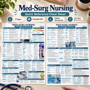 May include: A two-page Med-Surg Nursing Quick Reference Cheat Sheet in digital PDF format, sized 8.5 by 11 inches. The document features organized tables, charts, and medical illustrations covering assessments, medication classes, and lab values.