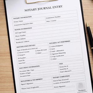 May include: A notary journal entry form on a black clipboard. The form includes sections for notary information, signer information, identification details, and notarial act performed. A black pen rests on the wooden surface.