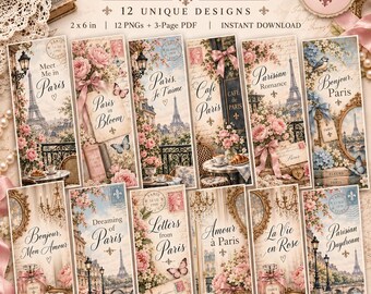 Paris Printable Bookmarks Bundle, 12 Vintage French Bookmarks, Romantic Floral Book Lover Gift, 2x6 Digital PNG, Printable PDF