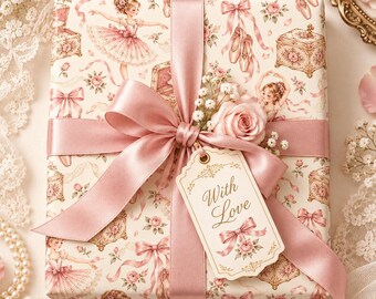 Vintage-Geschenkpapier mit Ballerina-Motiv, rosafarbenes Geschenkpapier für Ballett-Fans, verspieltes Geburtstagsgeschenkpapier, Geschenkpapier für Ballett-Aufführungen, elegantes Geschenkpapier für Tänzerinnen