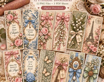 Vintage Romantic Printable Bookmarks Bundle, 12 Digital Bookmarks, Floral Book Lover Gift, 2x6 Bookmark PNG, Printable PDF Download