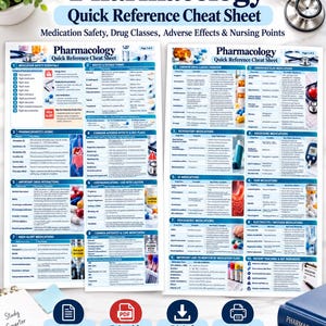 May include: Two pages of a Pharmacology Quick Reference Cheat Sheet featuring medication safety, drug classes, adverse effects, and nursing points. The documents include tables, medical icons, and text on a white background with a stethoscope.