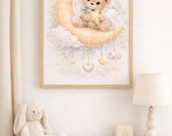 Impresión de osito de peluche en acuarela para guardería, decoración de safari neutra/decoración de habitación de bebé