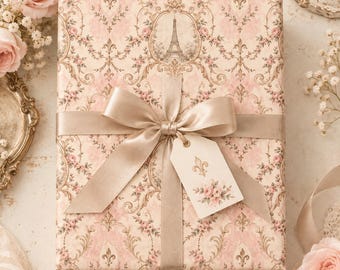 Vintage Paris Wrapping Paper, Pink Eiffel Tower Gift Wrap, French Baroque Floral Paper, Romantic Paris Gift Wrap