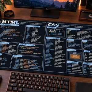 Op de afbeelding: Een rechthoekige zwarte bureaumat met een wit en lichtblauw bedrukte spiekbrief voor HTML- en CSS-codering. De mat toont technische syntaxis, veelvoorkomende tags, selectors, flexbox-eigenschappen en diverse codefragmenten.