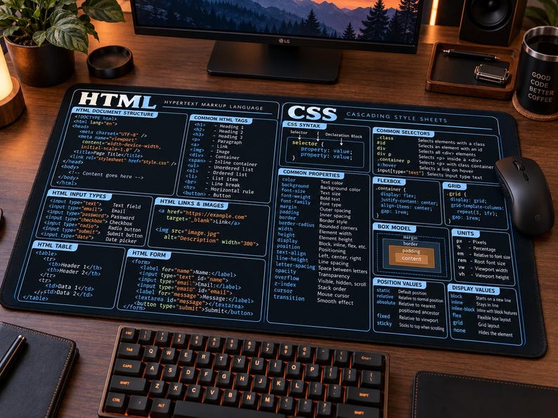 Op de afbeelding: Een rechthoekige zwarte bureaumat met een wit en lichtblauw bedrukte spiekbrief voor HTML- en CSS-codering. De mat toont technische syntaxis, veelvoorkomende tags, selectors, flexbox-eigenschappen en diverse codefragmenten.