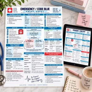 May include: A white emergency code blue cheat sheet with blue and red text, featuring sections on CPR, AED use, ACLS algorithms, vital signs, and team roles. The document includes medical guidelines, flowcharts, and lists for clinical staff.