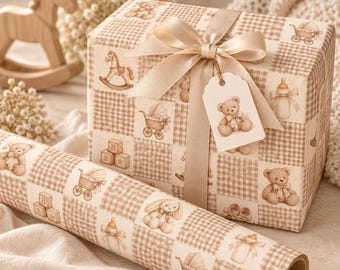 Vintage-Geschenkpapier für Babypartys, neutrales Teddybär-Geschenkpapier, beiges Vichy-Karo-Geschenkpapier für Babys, elegantes Geschenkpapier für Babypartys