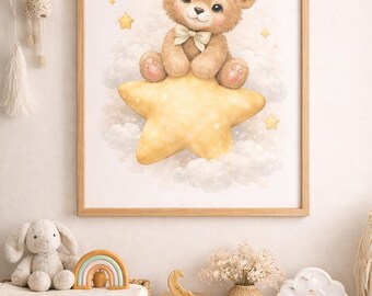 Impresión de osito de peluche en acuarela para guardería, decoración de safari neutra/decoración de habitación de bebé