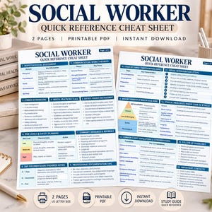 May include: A two-page Social Worker Quick Reference Cheat Sheet printable PDF. The document features blue and white tables detailing biopsychosocial assessments, common theories, crisis intervention steps, and Maslow's hierarchy of needs.