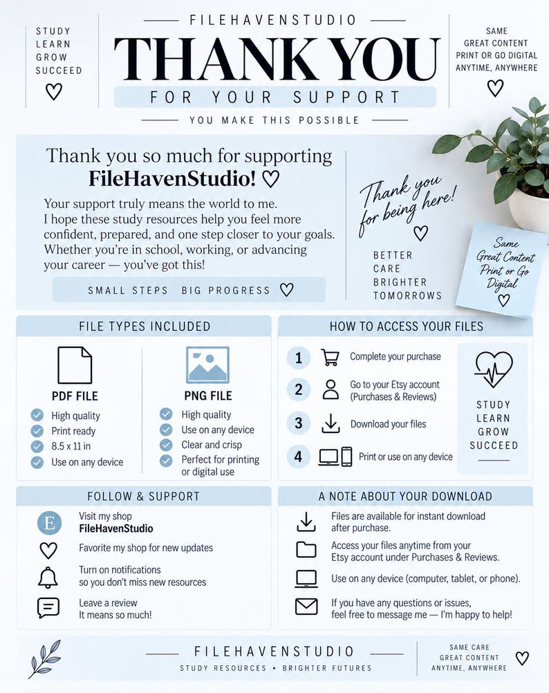 May include: A light blue and white informational graphic from FileHavenStudio titled Thank You For Your Support. It details file types including PDF and PNG, instructions for accessing files, and shop support information with icons.