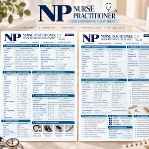 May include: A two-page Nurse Practitioner Quick Reference Cheat Sheet featuring tables on assessment, vital signs, lab values, diagnoses, health maintenance, medications, and patient education. The document uses blue headers and text on white paper.