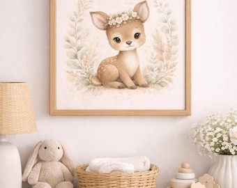 Lámina infantil de ciervo en acuarela, decoración safari neutra (relación 2:3) (Descarga digital)