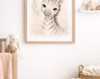Impresión de cebra en acuarela para guardería, decoración de safari neutra / decoración de habitación con bolso