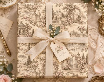 Vintage Garden Toile Wrapping Paper, Romantic Floral Gift Wrap, French Country Christmas Paper, Cottagecore Holiday Wrap