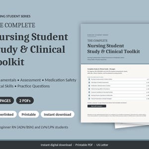 Op de afbeelding: Een digitale studie- en klinische toolkit voor verpleegkundestudenten met 75 pagina's verdeeld over 2 PDF's. Het document bevat secties over basisprincipes, beoordeling, medicatieveiligheid, klinische vaardigheden en oefenvragen.