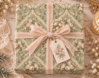 Vintage Sage Green Wrapping Paper, Victorian Floral Gift Wrap, Shabby Chic Christmas Paper, Romantic Cottage Gift Wrap