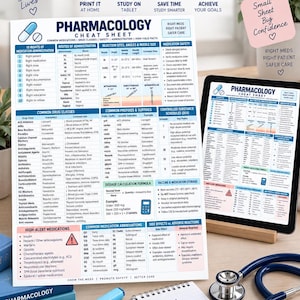 May include: A pharmacology cheat sheet printed on paper and displayed on a tablet screen, featuring tables for drug classes, medication safety, and dosage calculations. A blue stethoscope, a blue pen, and a spiral notebook are on the desk.