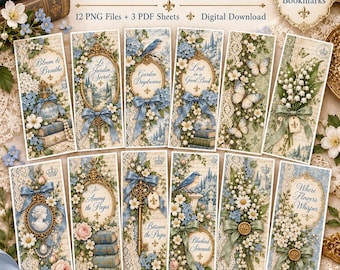 Vintage French Garden Printable Bookmarks Bundle, 12 Floral Bookmarks, Blue Sage Book Lover Gift, 2x6 PNG, Printable PDF