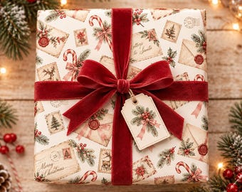 Vintage Christmas Wrapping Paper, Letters to Santa Gift Wrap, Victorian Holiday Postal Paper, Candy Cane Holly Christmas Wrap