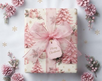 Papel de regalo navideño rosa, árboles en tonos rosados, copos de nieve dorados, elegante papel de regalo navideño