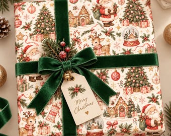 Christmas Wrapping Paper, Santa Reindeer Teddy Bear Gift Wrap, Pink Red Holiday Pattern, Cottagecore Christmas Gift Paper