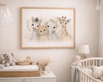 Lámina infantil de animales en acuarela, decoración de safari neutra (relación 2:3) (Descarga digital)