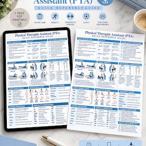 Op de afbeelding: Een digitale naslaggids voor fysiotherapie-assistenten (PTA) met secties over patiëntenzorg, mobiliteit, therapeutische oefeningen, veiligheid en functionele onafhankelijkheid, voorzien van diverse diagrammen en klinische informatie.