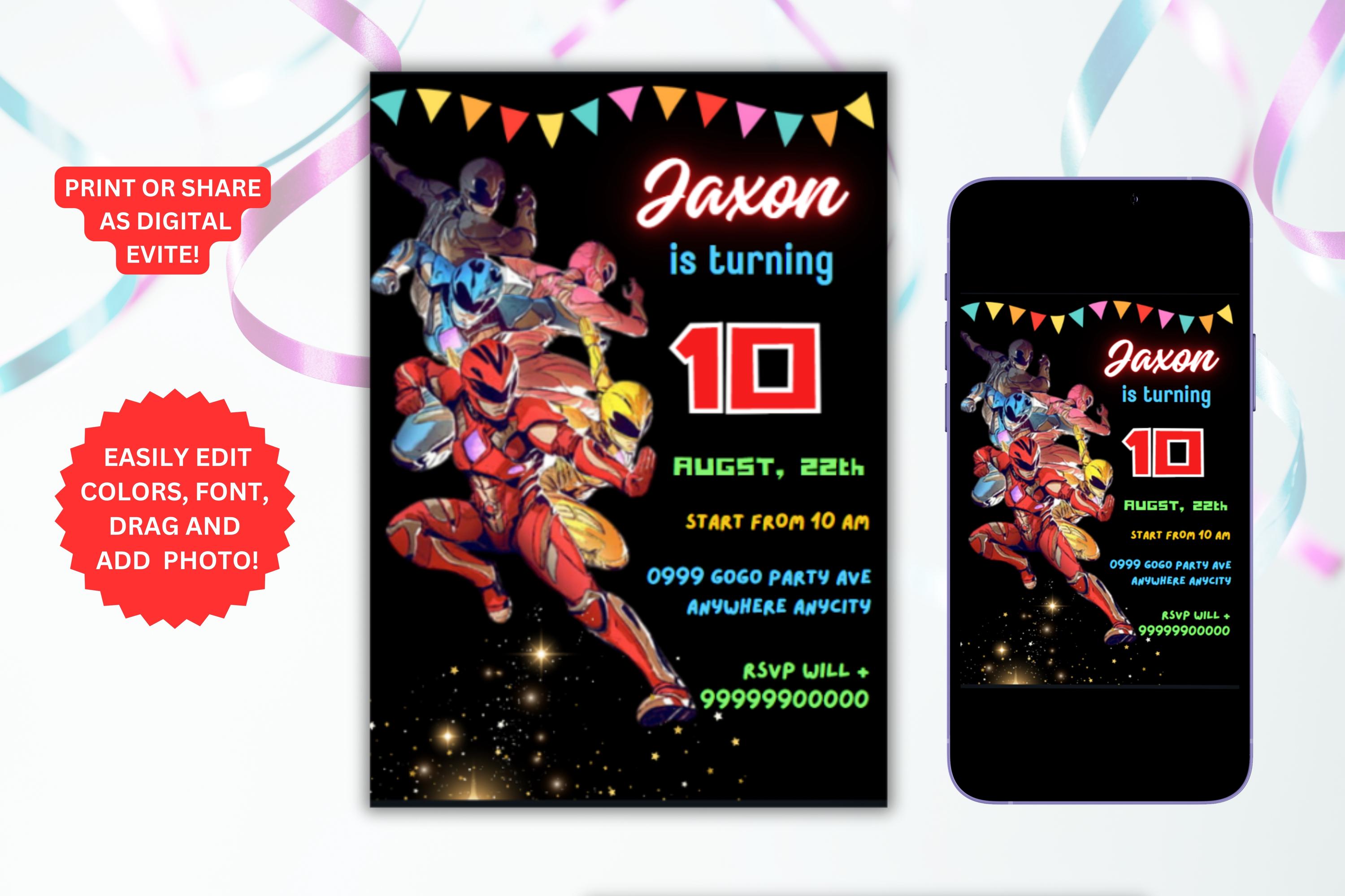 Power Rangers Birthday Invitation,digital,printable ,invitationtemplate ...
