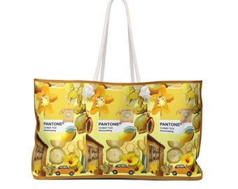 Yellow Citrus Collage Weekender Bag designed by RAFS| Floral Fruit Travel Tote