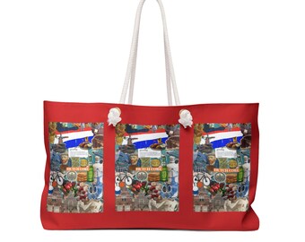 Travel Collage Weekender Bag Designed by RAFS | Red Trim, Beach & City Montage
