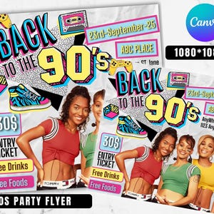 90s Party Flyer Template, Retro Party Invitation, Editable 90s Theme Flyer, Printable Digital Download
