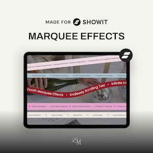 Puede incluir: Una pantalla de tableta que muestra una interfaz de diseño digital titulada MADE FOR SHOWIT MARQUEE EFFECTS. La pantalla muestra varias bandas horizontales de texto desplazable en varios colores, incluidos rosa, azul y rojo, con frases como Infinite Loop Magic.