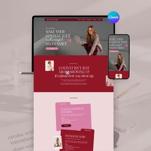 Canva Website Template For Content Creators & Social Media Managers | Pink Burgundy Business Portfolio