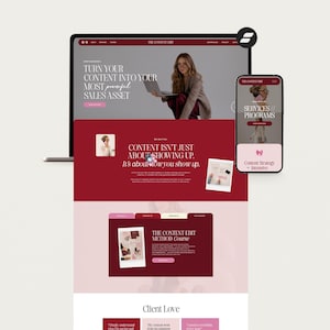 May include: A laptop and smartphone display a website design with a maroon and white color scheme. The website's headline reads, "Turn Your Content Into Your Most Powerful Sales Asset." The smartphone displays "Services // Programs."