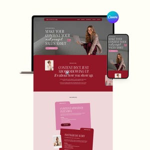 Puede incluir: Un portátil y un smartphone muestran un diseño de sitio web con una combinación de colores rojo y gris. El título del sitio web dice "MAKE YOUR CONTENT YOUR most powerful SALES ASSET." La imagen incluye el logotipo de Canva.