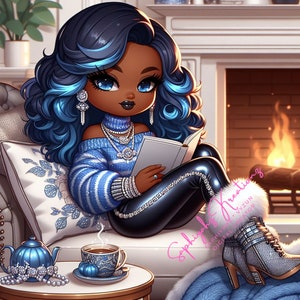 Cozy African American Chibi Art: Stylish Girl Graphics (PNG Digital Download)