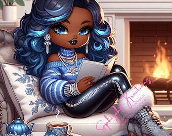 Cozy African American Chibi Art: Stylish Girl Graphics (PNG Digital Download)