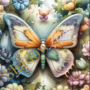 Bunte Schmetterling, Berg, Katze, Fluss & Blumen Illustrationen | Wunderliche Natur Digital Art Bundle | Hochauflösende PNG | 300 dpi PDF zum selbst ausdrucken